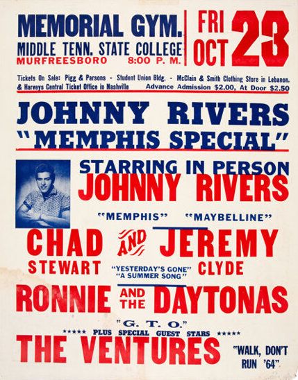 AOR-1.107 Johnny Rivers Middle Tennessee State College Memorial Gym 1964 Concert Poster
