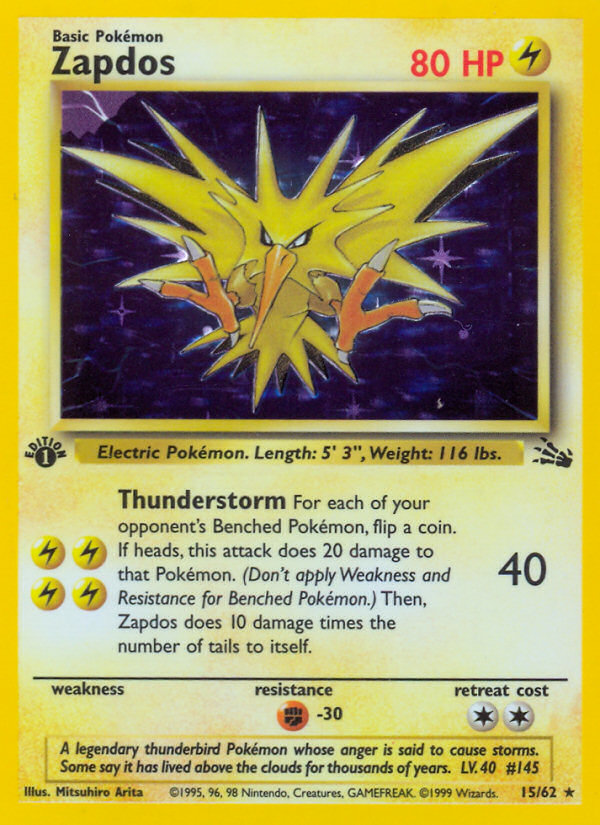 Zapdos (15/62) - Fossil (1st Edition) Pokémon Card