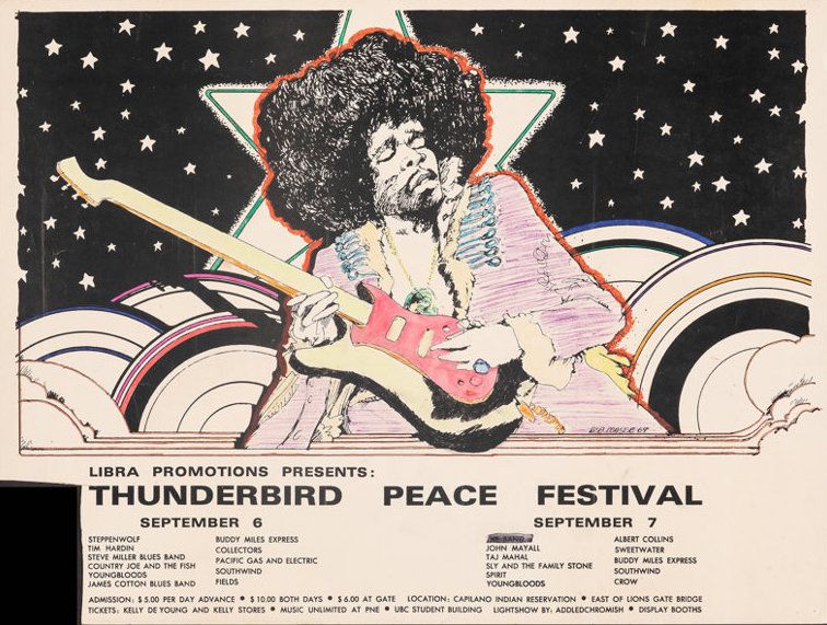 Jimi Hendrix Thunderbird Peace Festival 1969 Concert Poster