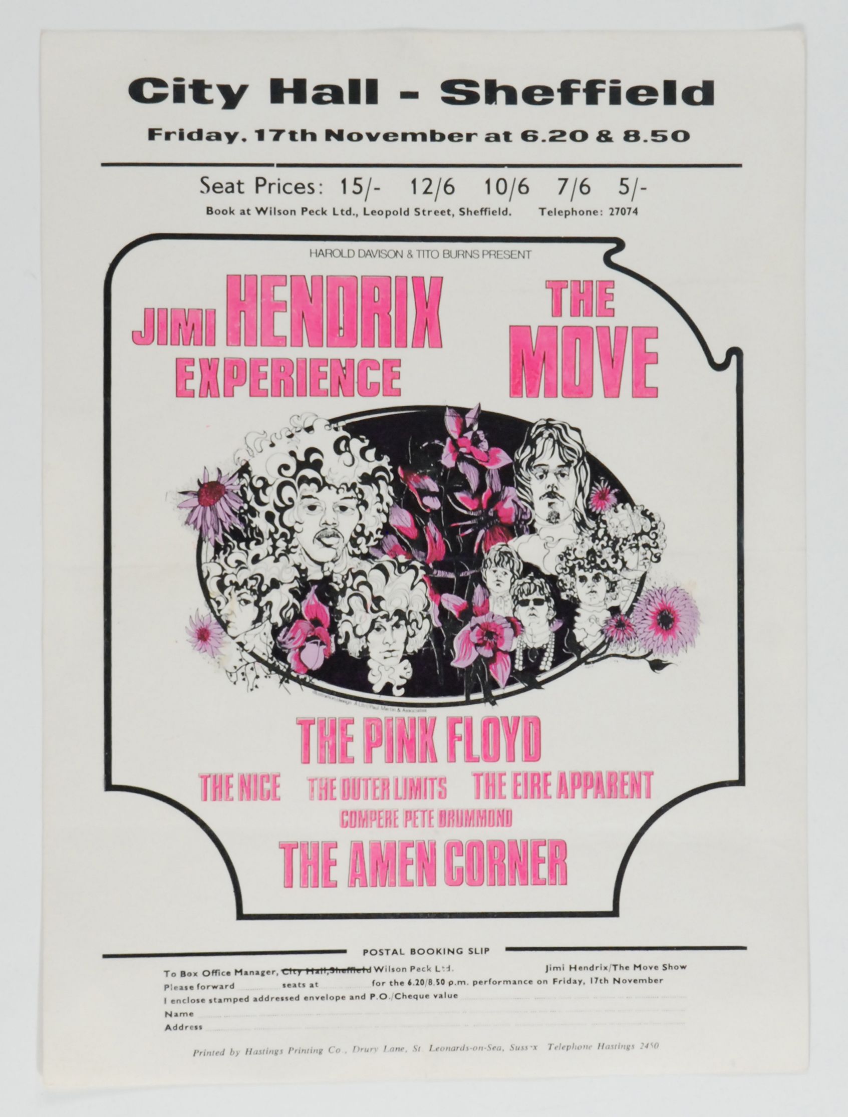 Jimi Hendrix Experience & Pink Floyd Sheffield City Hall 1967 Concert Poster