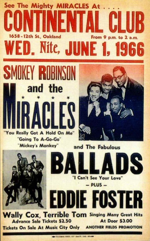 AOR-1.68 Smokey Robinson & the Miracles	Continental Club 1966 Concert Poster