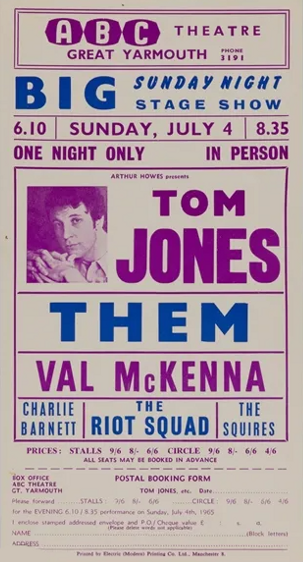 Tom Jones & Them The ABC Theatre Ticket Form 1965