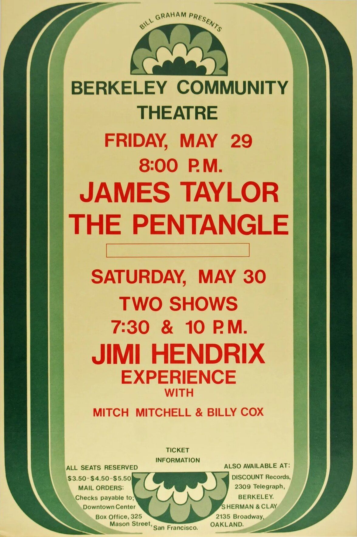 James Taylor & Jimi Hendrix Berkeley Community Theatre 1970 Concert Poster