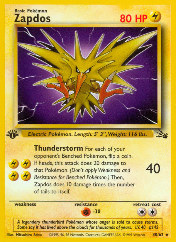 Zapdos (30/62) - Fossil (1st Edition) Pokémon Card