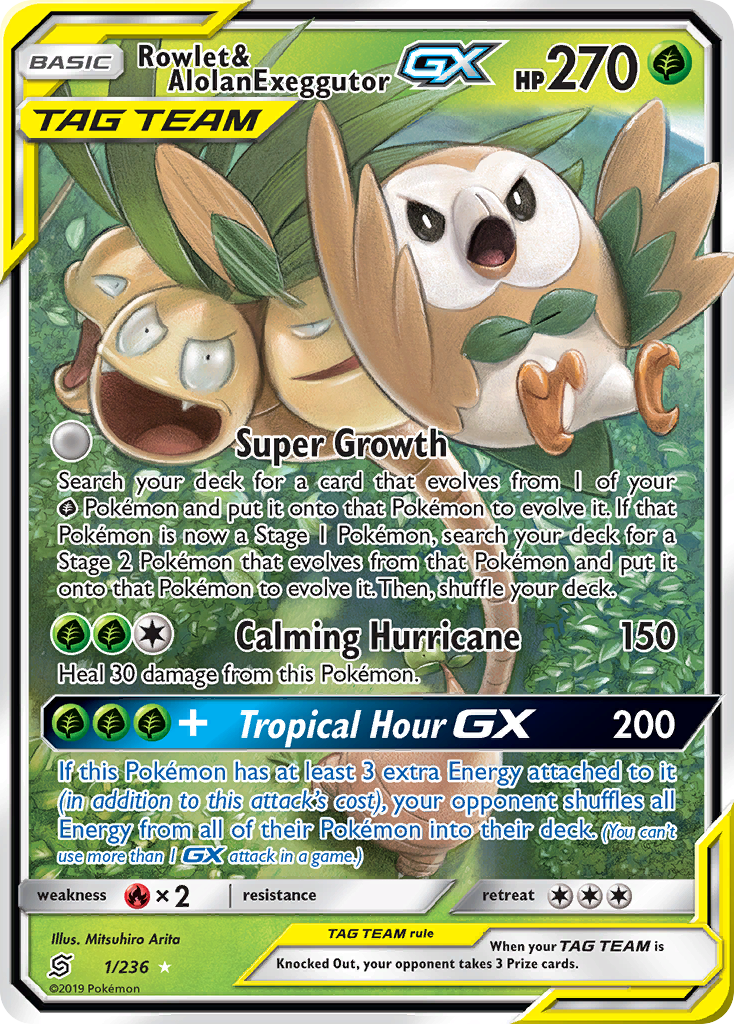 Rowlet & Alolan Exeggutor GX (1/236) - Unified Minds Pokémon Card