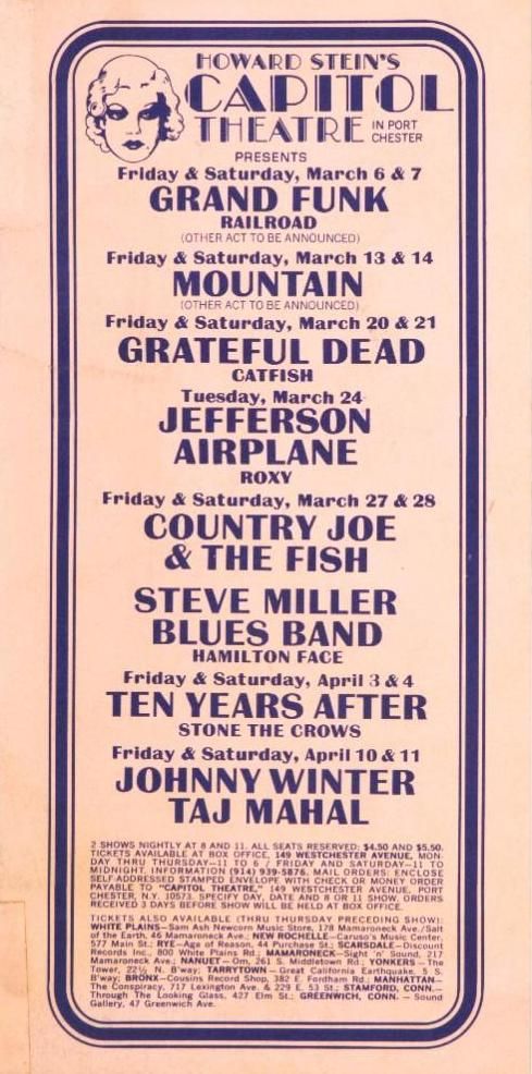 Grateful Dead Capitol Theatre Show Calendar 1970 Concert Poster