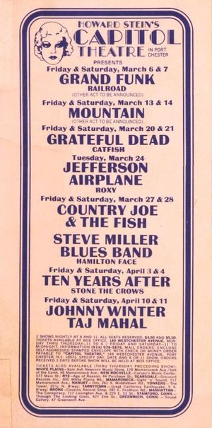 Grateful Dead Capitol Theatre Show Calendar 1970