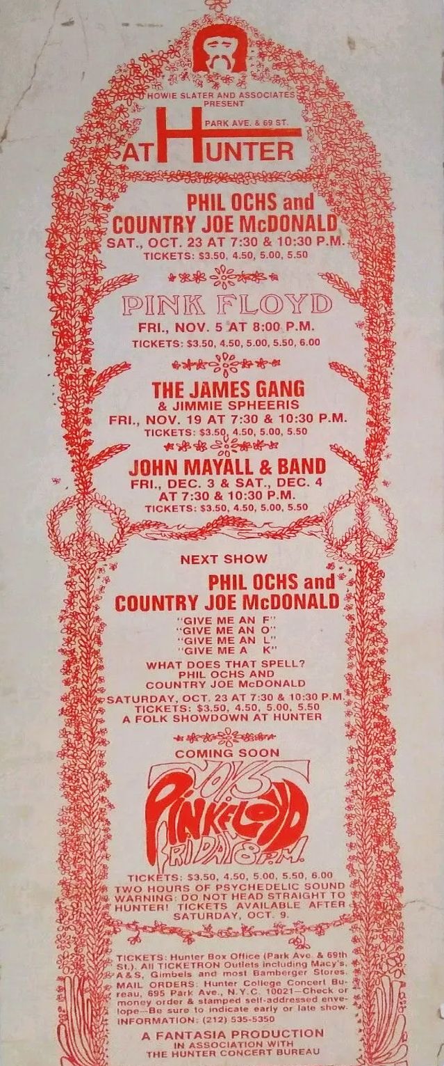 Phil Ochs & Pink Floyd Hunter College 1971 Concert Poster