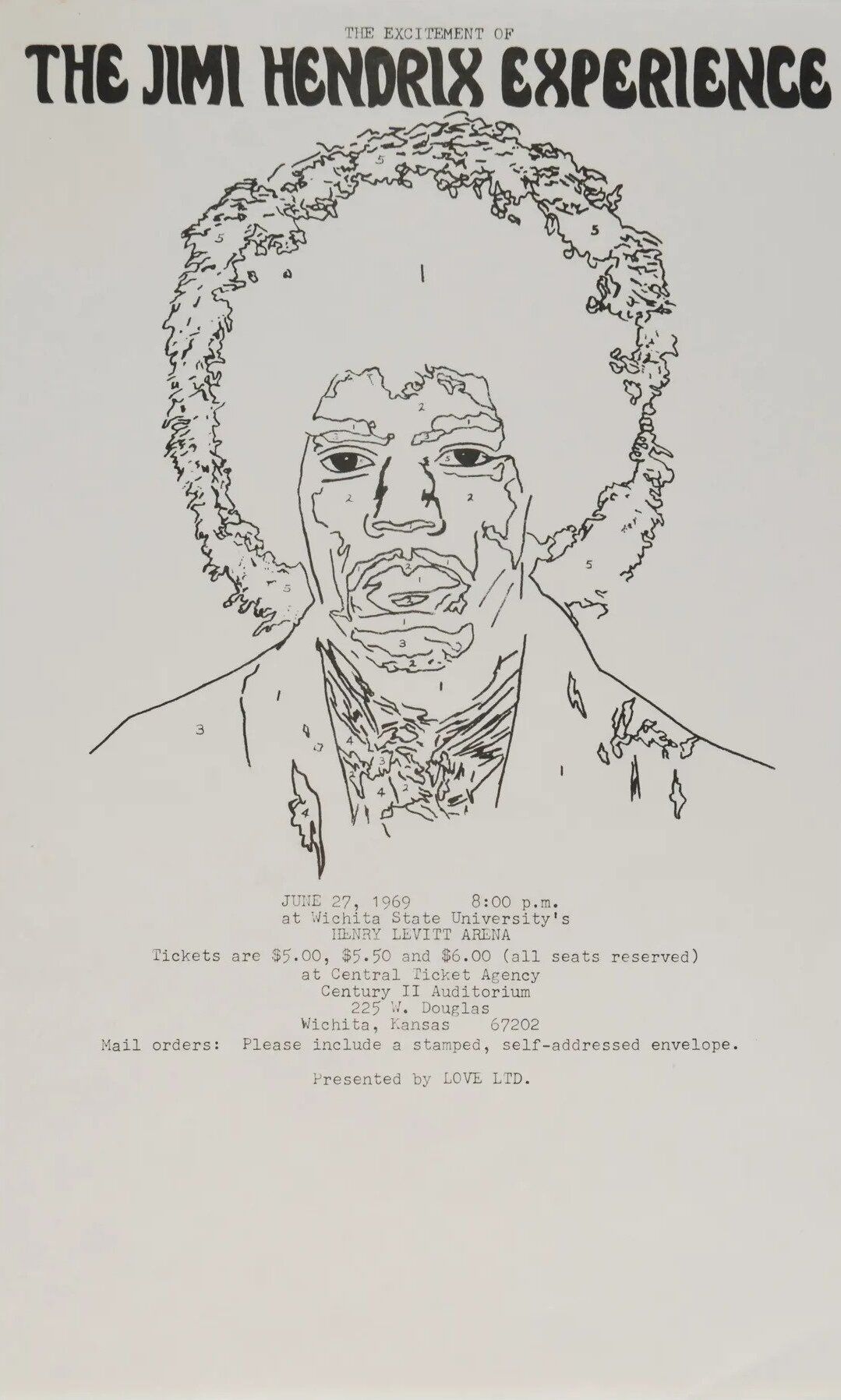 Jimi Hendrix Levitt Arena HANDBILL 1969 Concert Poster
