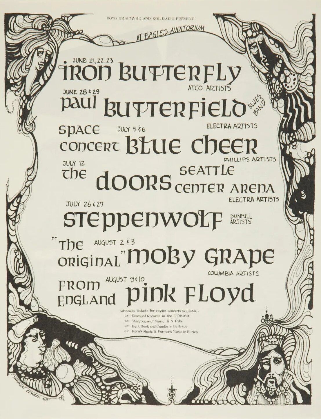 Iron Butterfly with The Doors & Pink Floyd Eagles Auditorium Handbill 1968 Concert Poster