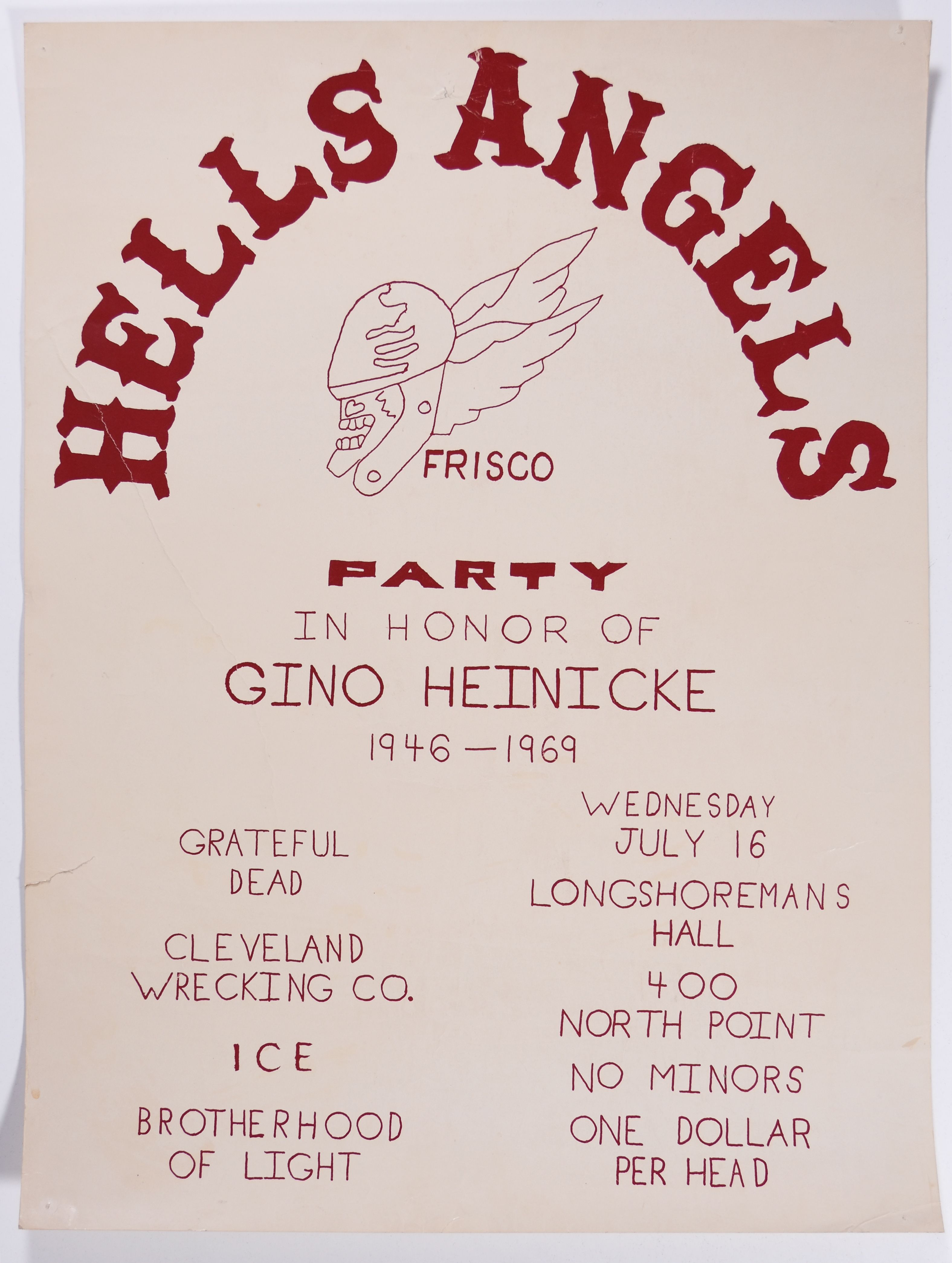 Grateful Dead "Hells Angels Party for Gino Heinicke" Longshoreman's Hall 1969 Concert Poster