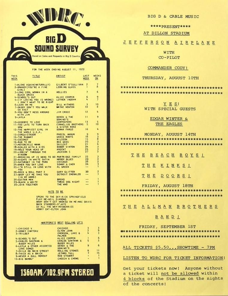Allman Brothers Band & Beach Boys Dillon Stadium Calendar Flyer 1972 Concert Poster
