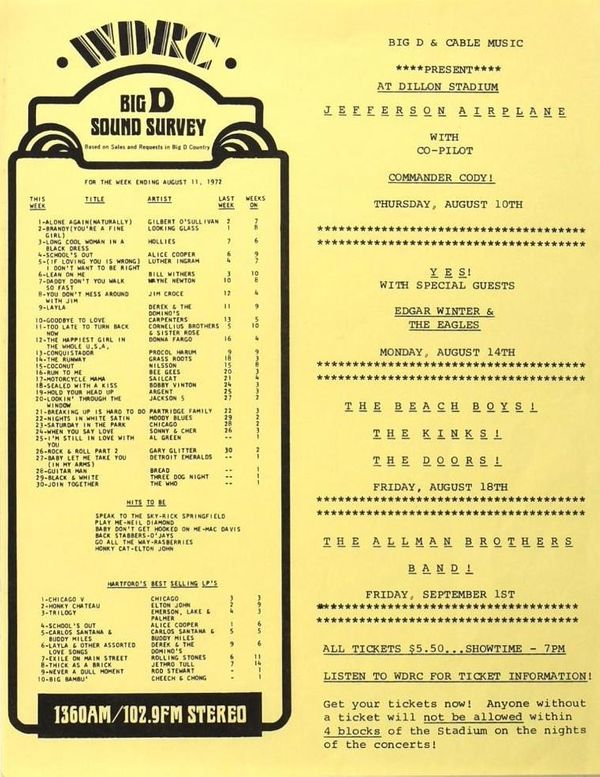 Allman Brothers Band & Beach Boys Dillon Stadium Calendar Flyer 1972