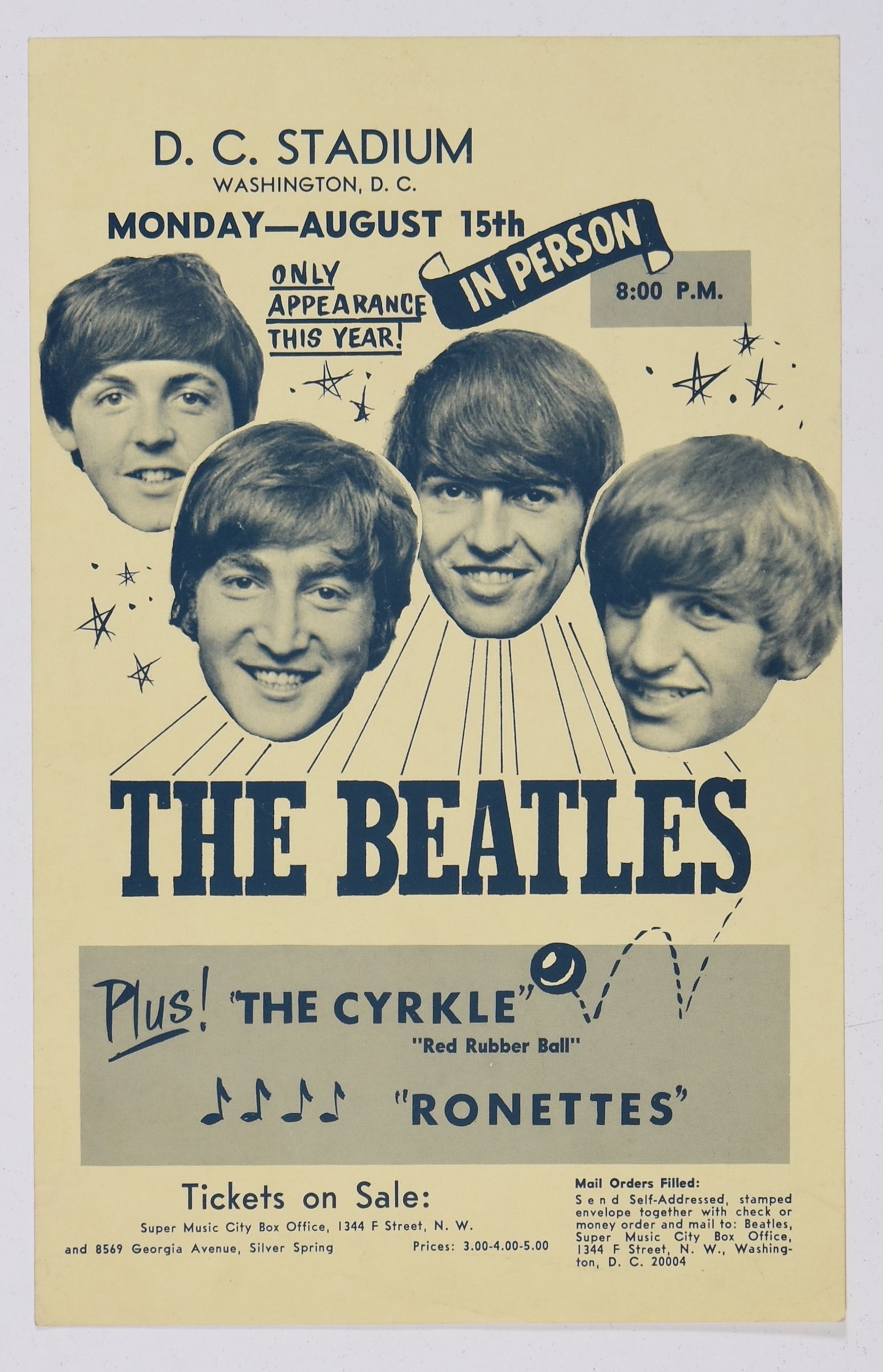 The Beatles DC Stadium HANDBILL 1966 Concert Poster