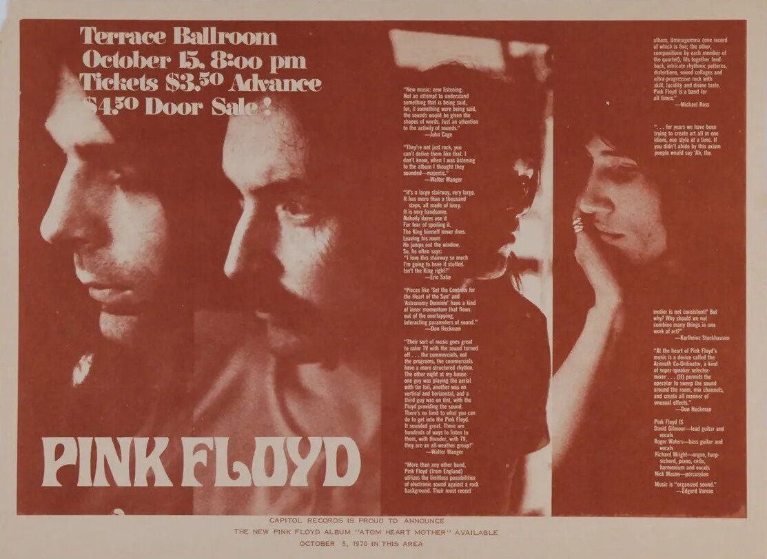 Pink Floyd Terrace Ballroom 1970 Concert Poster