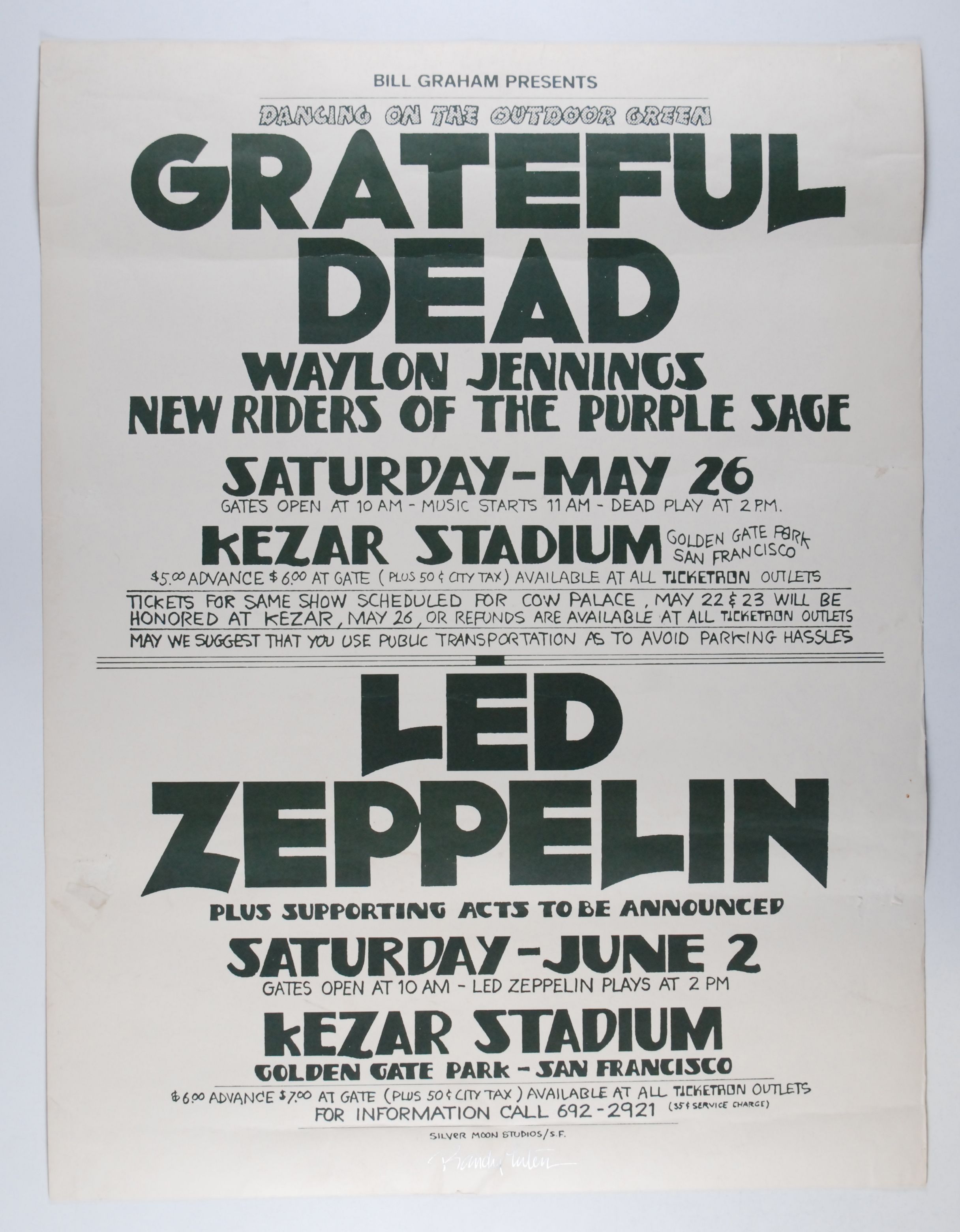 Grateful Dead & Led Zeppelin Kezar Stadium 1973 Concert Poster