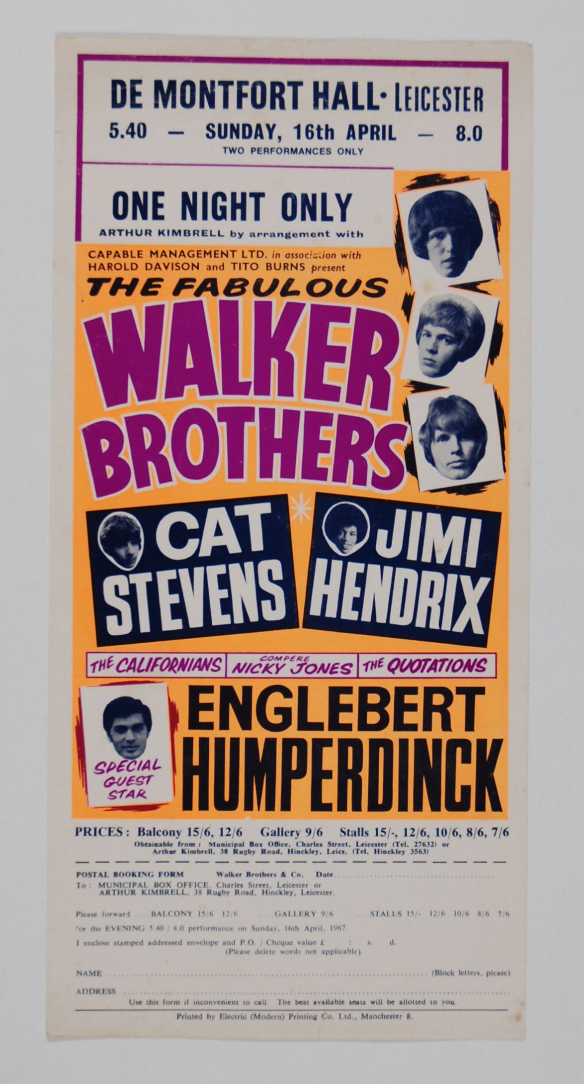 Walker Brothers & Jimi Hendrix De Montfort Hall 1967 Concert Poster