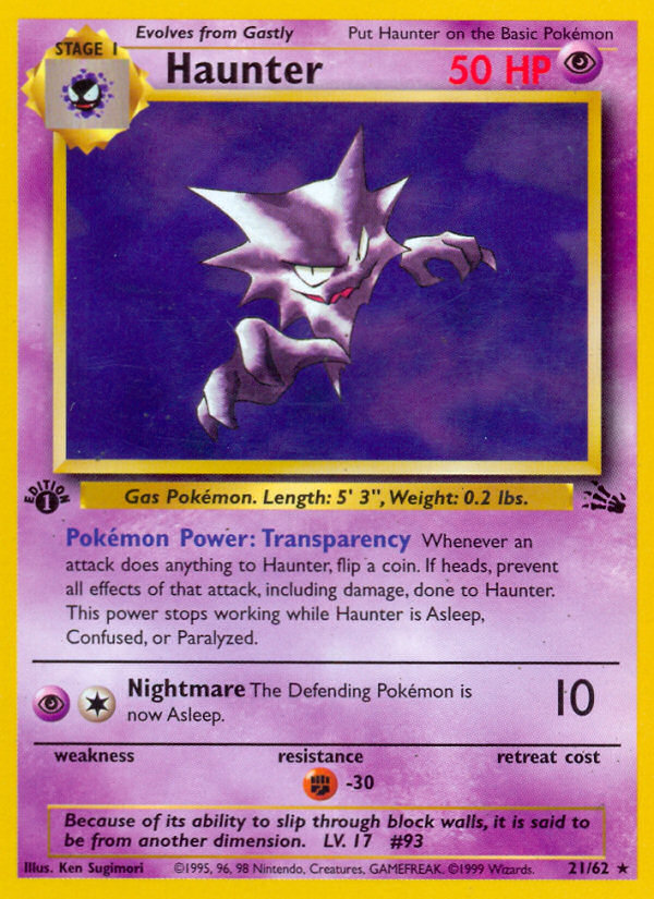 Haunter (21/62) - Fossil (1st Edition) Pokémon Card