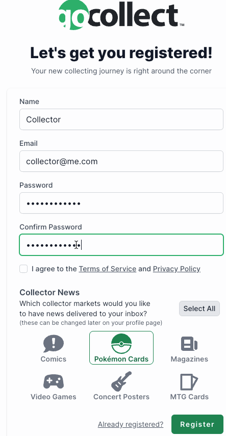 Sign up screen