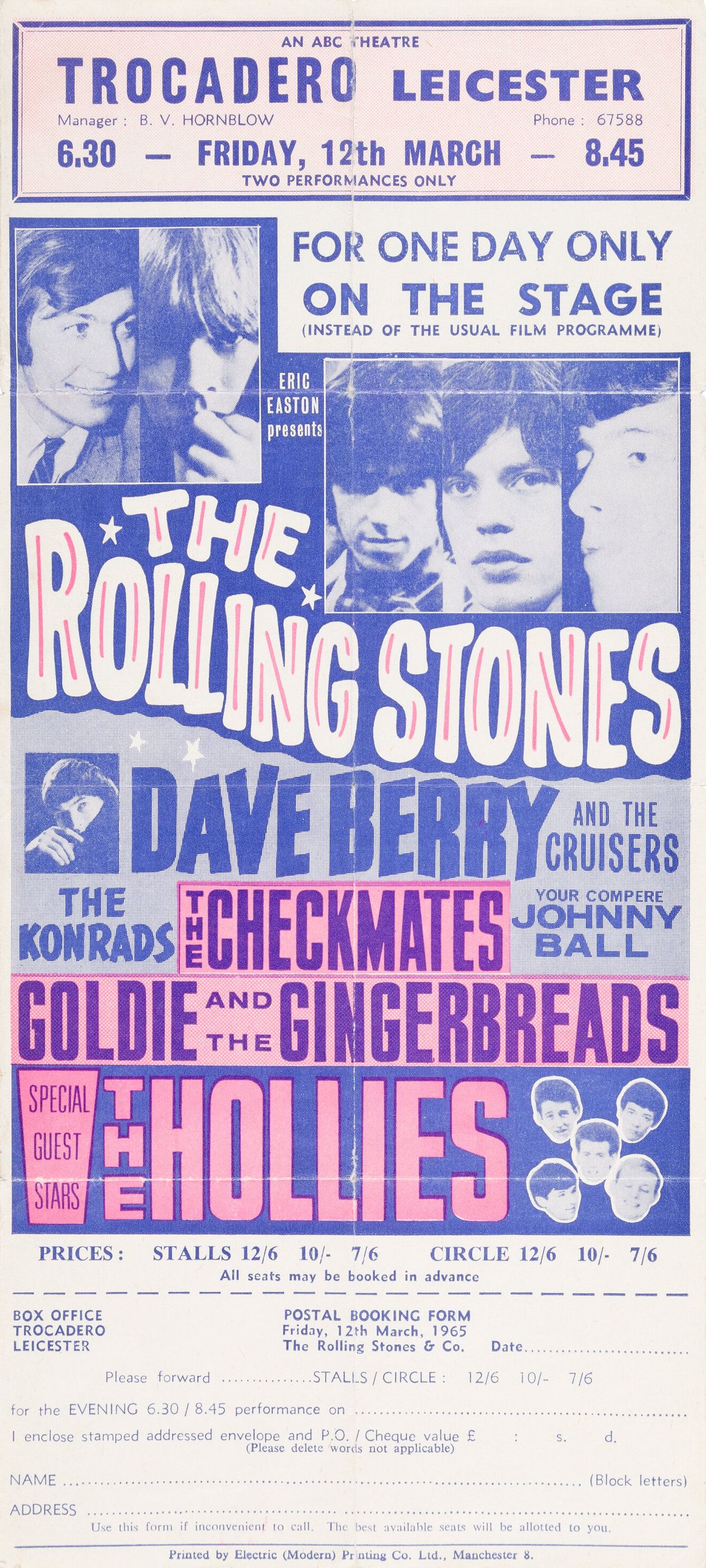 Rolling Stones & the Hollies Trocadero Liecester HANDBILL 1965 Concert Poster