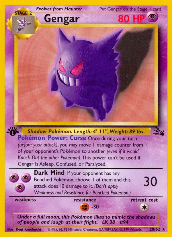 Gengar (20/62) - Fossil (1st Edition) Pokémon Card