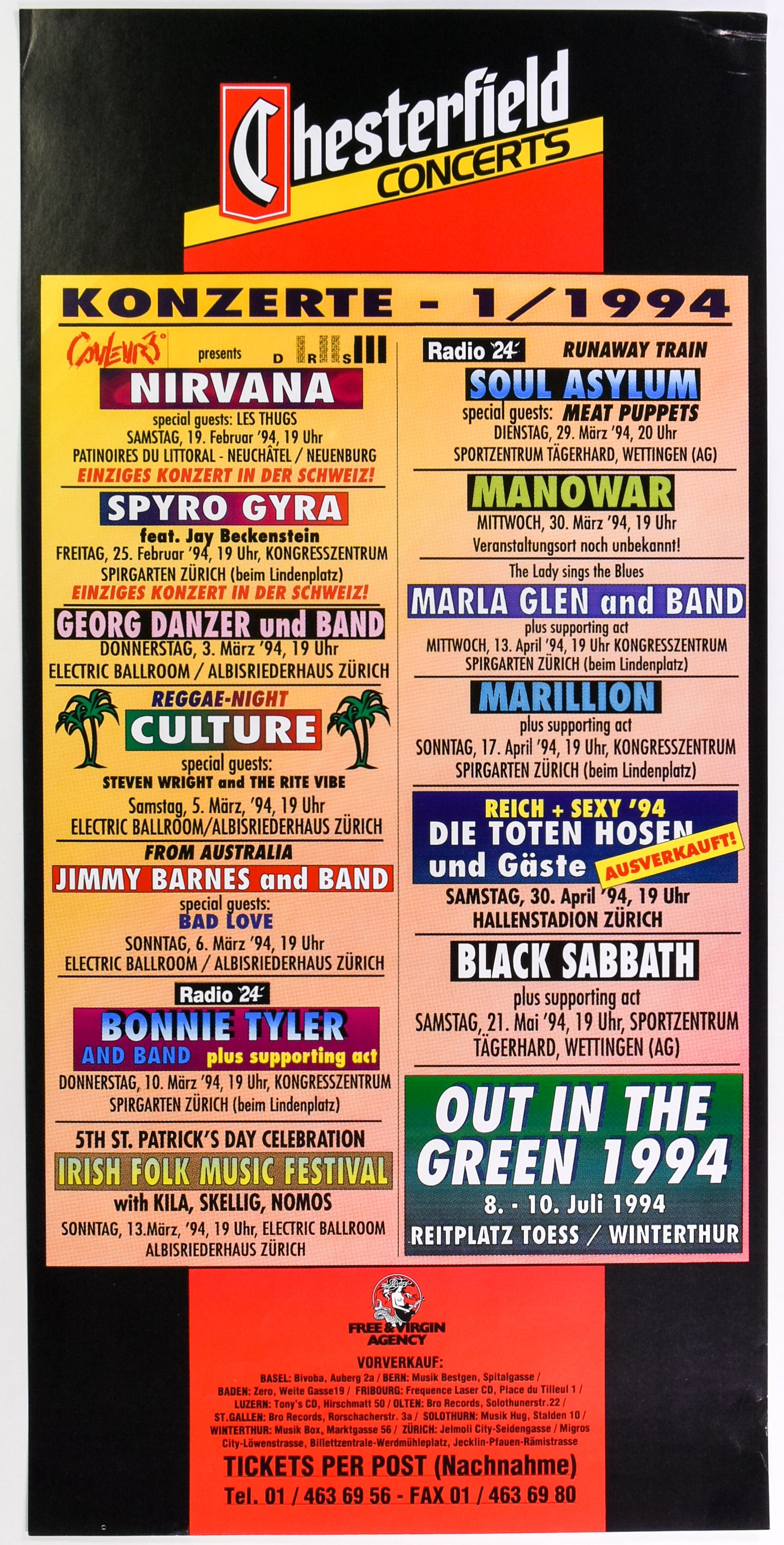 Nirvana, Black Sabbath & Manowar - Chesterfield Concerts Promotional Calendar 1994 Concert Poster