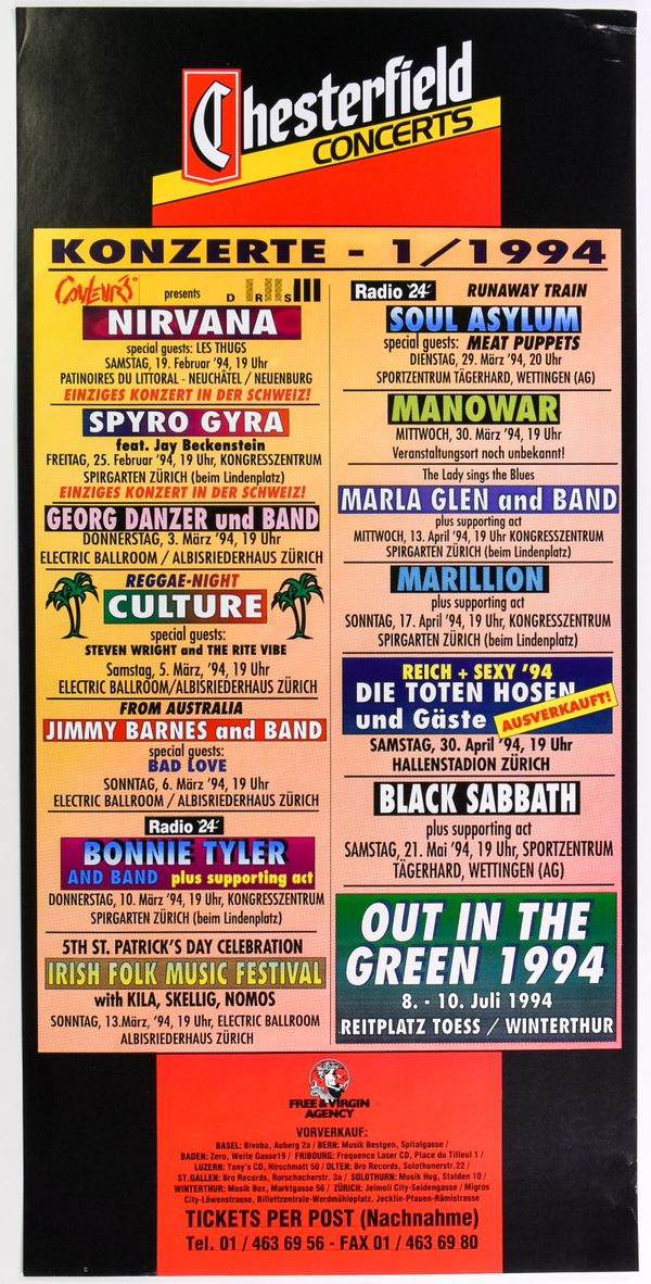 Nirvana, Black Sabbath & Manowar - Chesterfield Concerts Promotional Calendar 1994