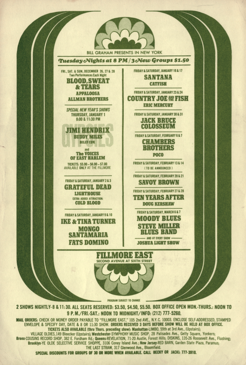 Jimi Hendrix & Santana Fillmore East Handbill 1970 Concert Poster