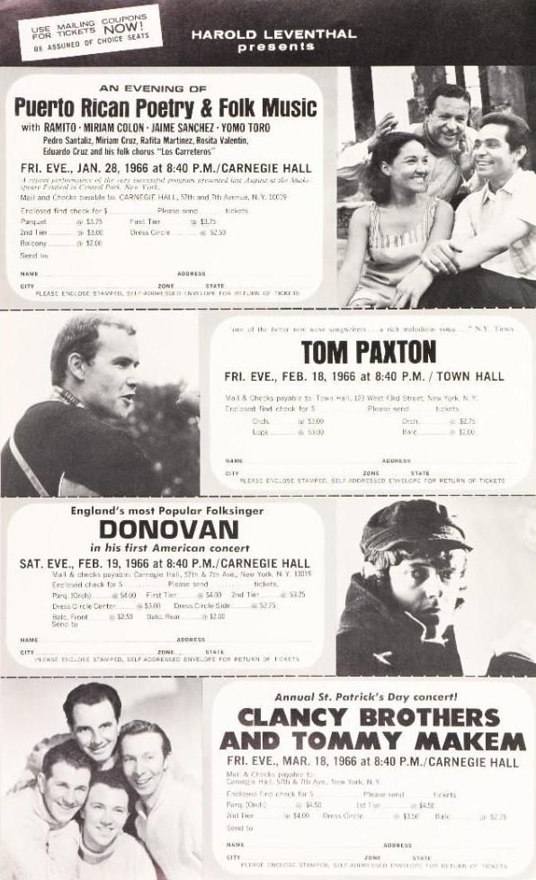 Donovan Carnegie Hall Ticket Order Form 1966 Concert Poster