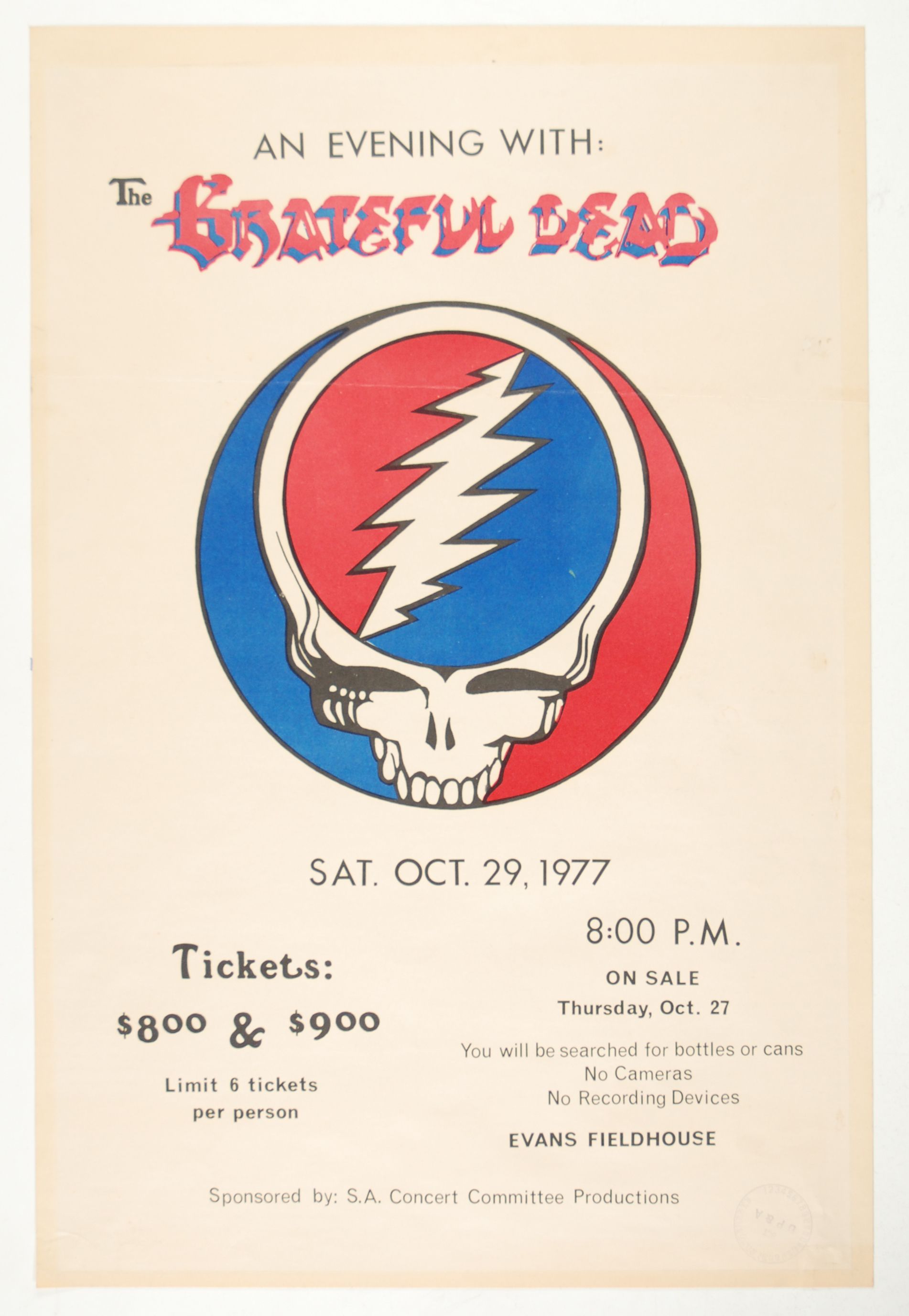 Grateful Dead Evans Field House 1977 Concert Poster