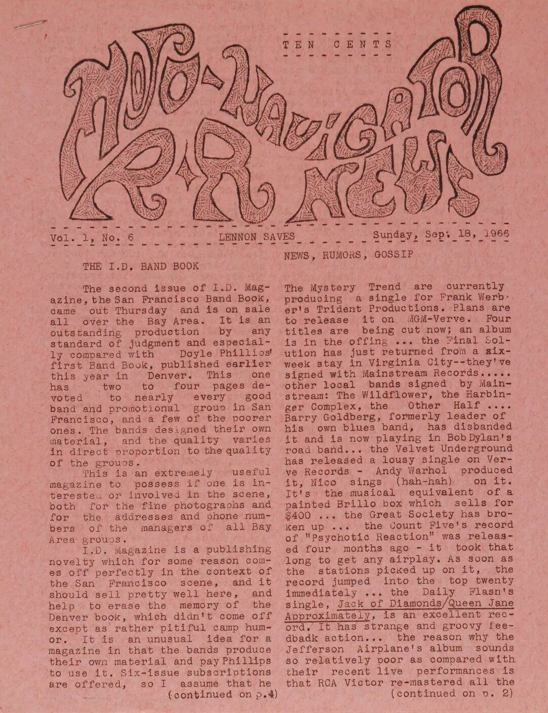 1966-Mojo Navigator Rock and Roll News Zine #6 Concert Poster