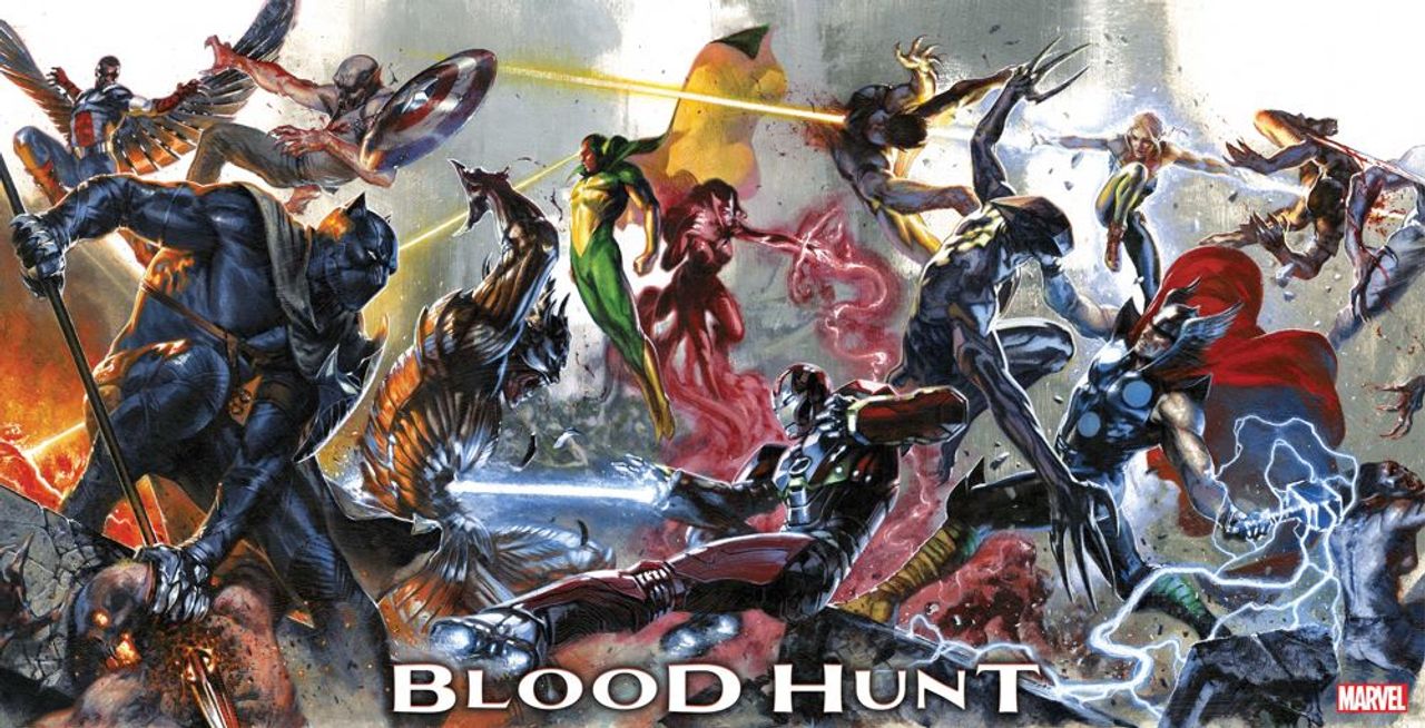 You can now get your first look at Gabriele Dell'Otto's epic BLOOD HUNT connecting cover, which will run on all five issues of Jed MacKay and Pepe Larraz's BLOOD HUNT.