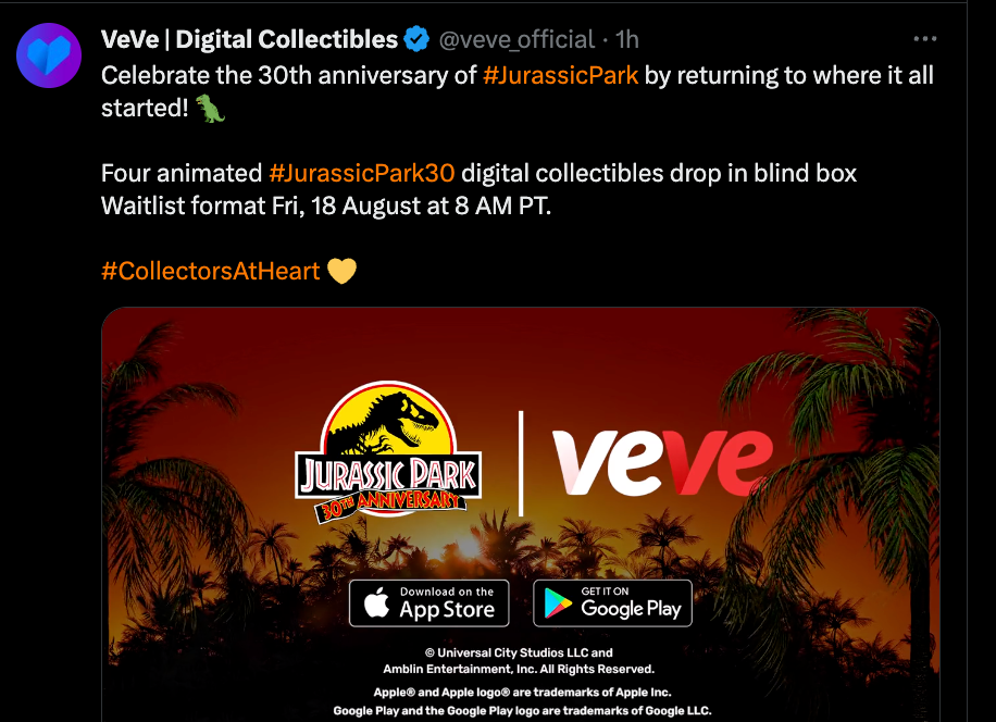 VeVe Jurassic Park Twitter Promo