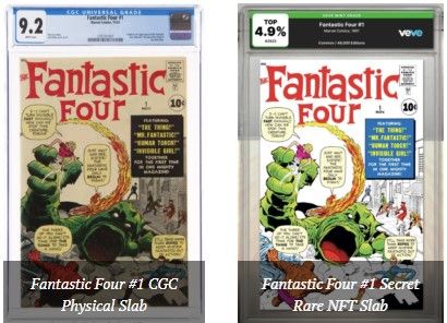 Fantastic Four #1 CGC Physical Slab (Left), shown with its new sibling, VeVe's Digital Collectible Version with Slab provided by Secret Rare Slabs