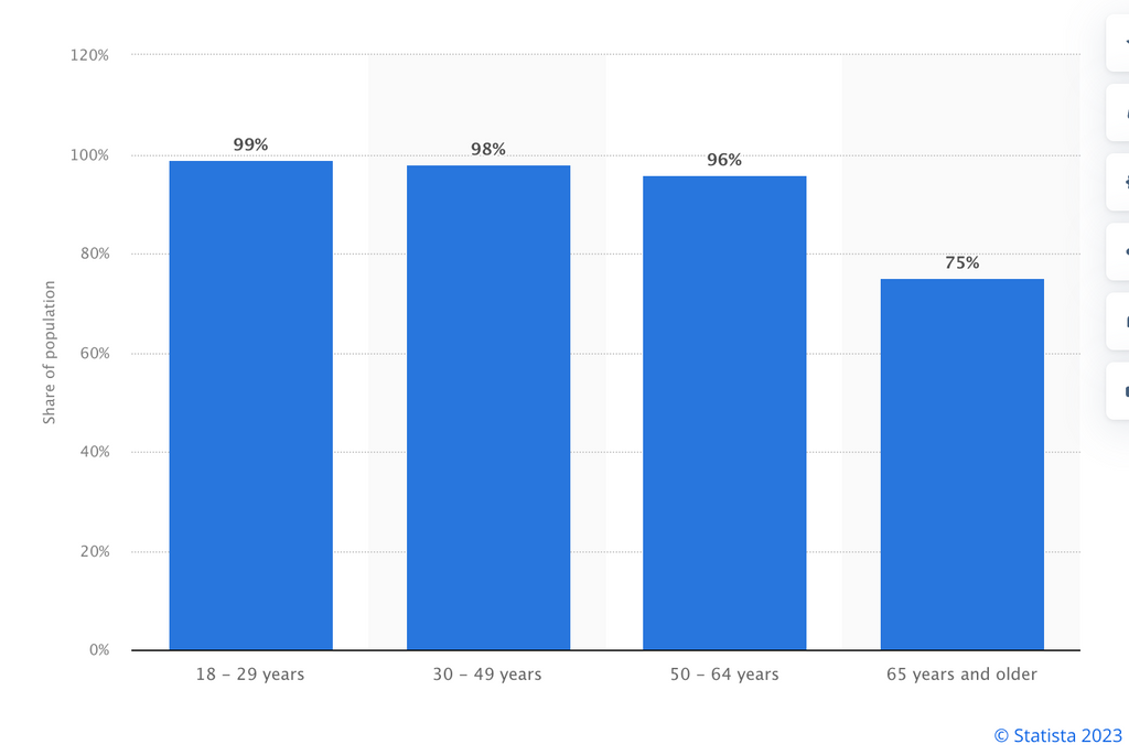 Share of adults in the United States who use the internet in 2021, by age group