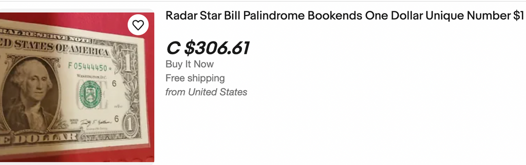 Radar Palindrome Dollar Bill on EBay