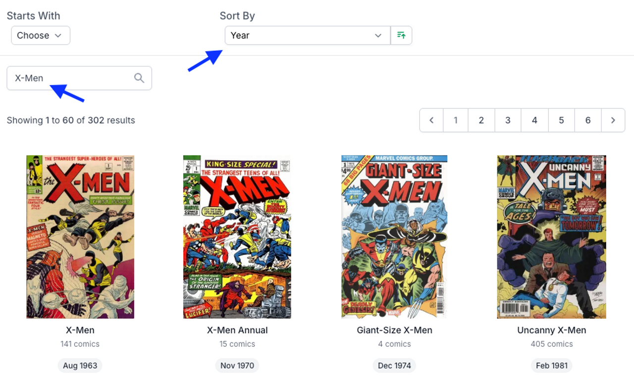 X-Men Series Sorting Example Screenshot